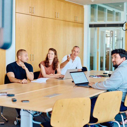 Eine Gruppe Mitarbeitende sitzen an einem großen Tisch in einem Meetingraum. Alle blicken gemeinsam auf den Bildschirm vor ihnen, ein Mitarbeiter zeigt auf den Inhalt, ein anderer hat einen aufgeklappten Laptop vor sich.