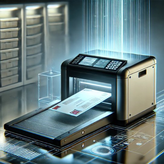 Ein moderner Dokumentenscanner digitalisiert eingehende Post in einer futuristischen, professionellen Umgebung. 
