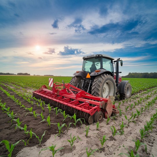 Ein grüner Traktor steht auf einem Feld mit jungen Pflanzen
