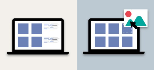 Eine Grafik mit zwei Laptops, auf dem Bildschirm links sieht man Kästchen und etwas Code, der andere Bildschirm zeigt, wie ein Foto per Drag and Drop auf seinen Platz gezogen wird.
