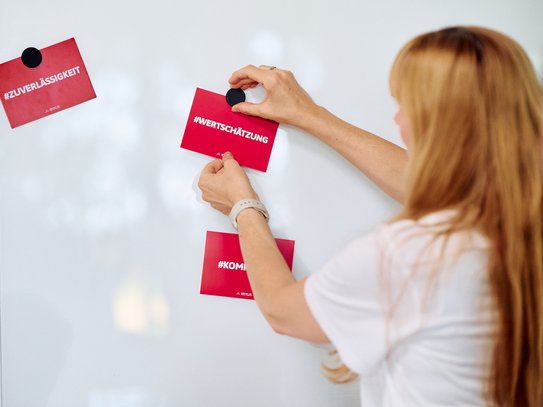 Eine Frau hängt eine Postkarte mit den IBYKUS Werten an eine Pinnwand
