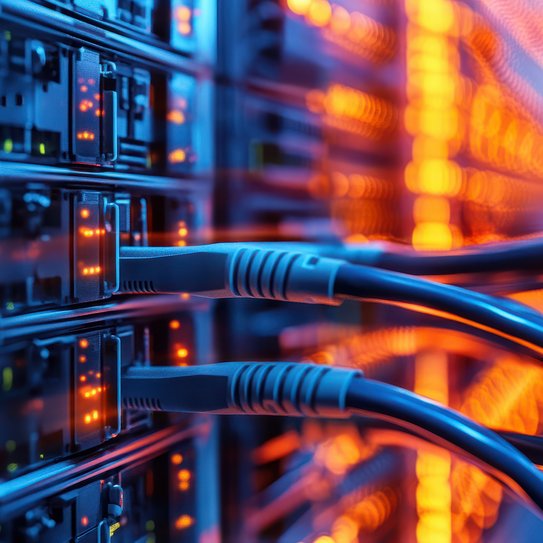 Detailaufnahme von Netzwerkkabeln, die in einen Server-Rack mit leuchtenden LED-Anzeigen eingesteckt sind, symbolisch für IT-Infrastruktur und Datenverarbeitung.