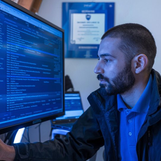 Ein IT-Sicherheitsexperte, der einen Computerbildschirm mit einer detaillierten Analyse potenzieller Schwachstellen untersucht. Der Experte trägt eine schwarze Jacke und ein blaues Hemd. Auf dem Computerbildschirm wird eine Liste potenzieller Sicherheitsbedrohungen angezeigt. An der Wand hinter dem Experten hängen ein Laptop und ein Sicherheitszertifikat. 