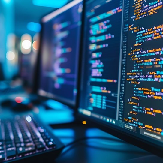 Zwei Bildschirme nebeneinander, auf beiden ist HTML Code zu sehen. 