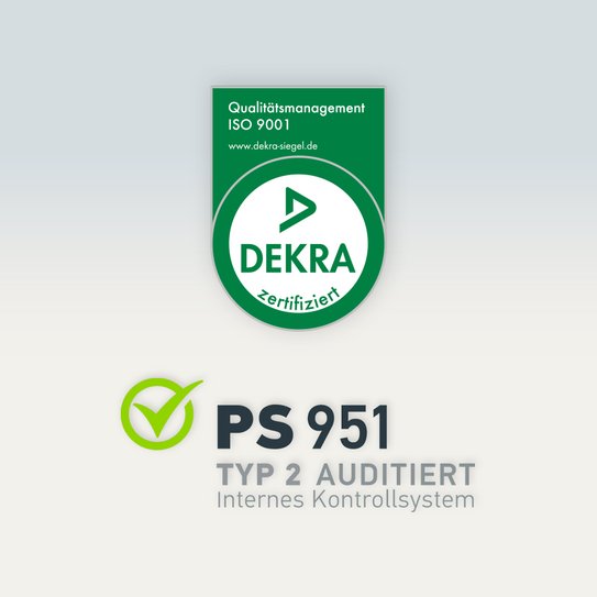 Abbildung des DEKRA-Siegels zu ISO 9001:2015 und PS 951 Auditierung