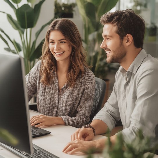 Zwei Personen sitzen an einem Arbeitsplatz vor einem Computer