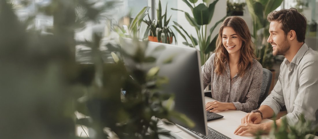 Zwei Personen sitzen an einem Arbeitsplatz mit vielen Pflanzen