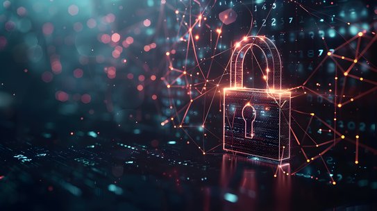 Leuchtendes Vorhängeschloss in einer digitalen Netzwerkumgebung mit verbundenen Datenpunkten und Linien.