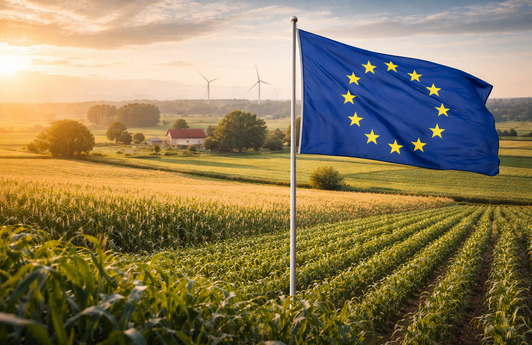 Eine landwirtschaftliche Fläche bei Sonnenaufgang. Darauf befindet sich eine wehende EU-Flagge.