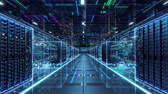 Moderne Rechenzentrumsanlage mit fortschrittlicher digitaler Infrastruktur für Cloud-Computing, Datenspeicherung und Netzwerksicherheit.